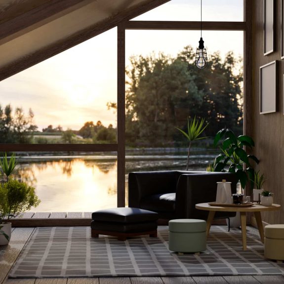 Modern Scandinavian wooden house for holiday or vacation with a cozy living room